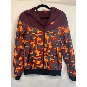 Vintage Nike Full Zip Hooded Jacket Windbreaker Geometric Maroon Green XS
